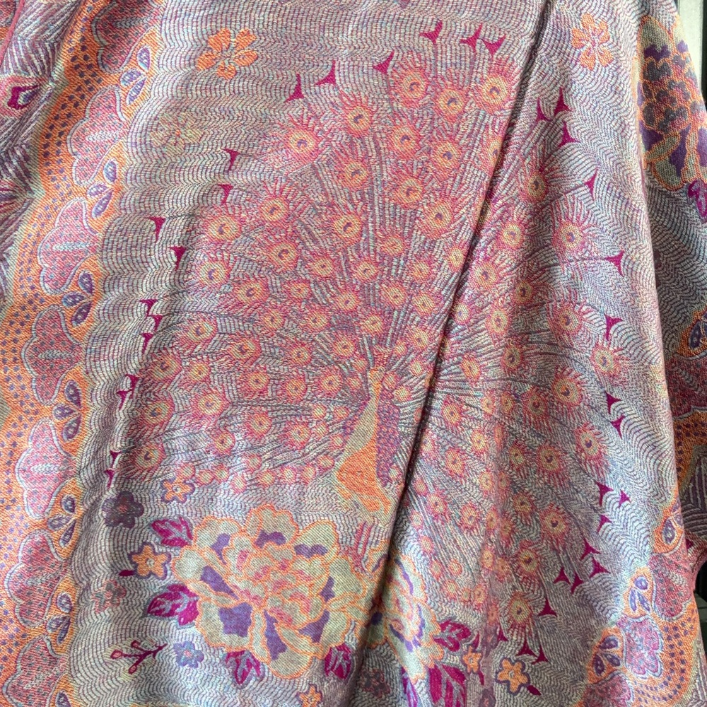 Cashmere 100% Pashmina Peacock Paisley 68" Pink Purple Scarf Shawl Wrap - Picture 8 of 8